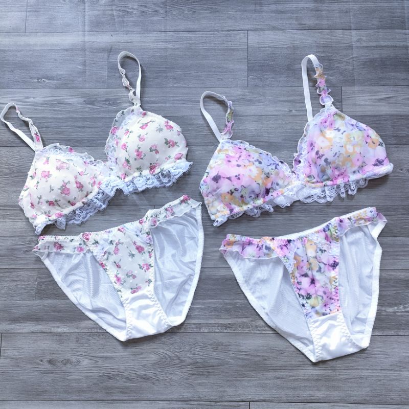 Bộ đồ lót hoạ tiết hoa phối ren mút mỏng/bikini (không gọng, mút tháo rời)