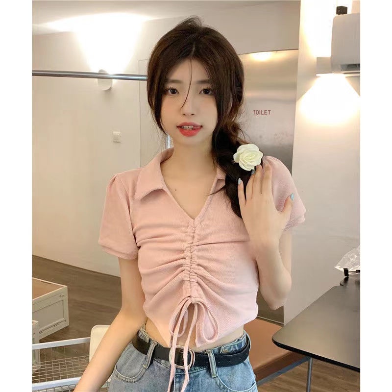 Áo polo Tay Ngắn Phồng Phối Ren Dây Rút Thời Trang Mùa Hè Cho Nữ