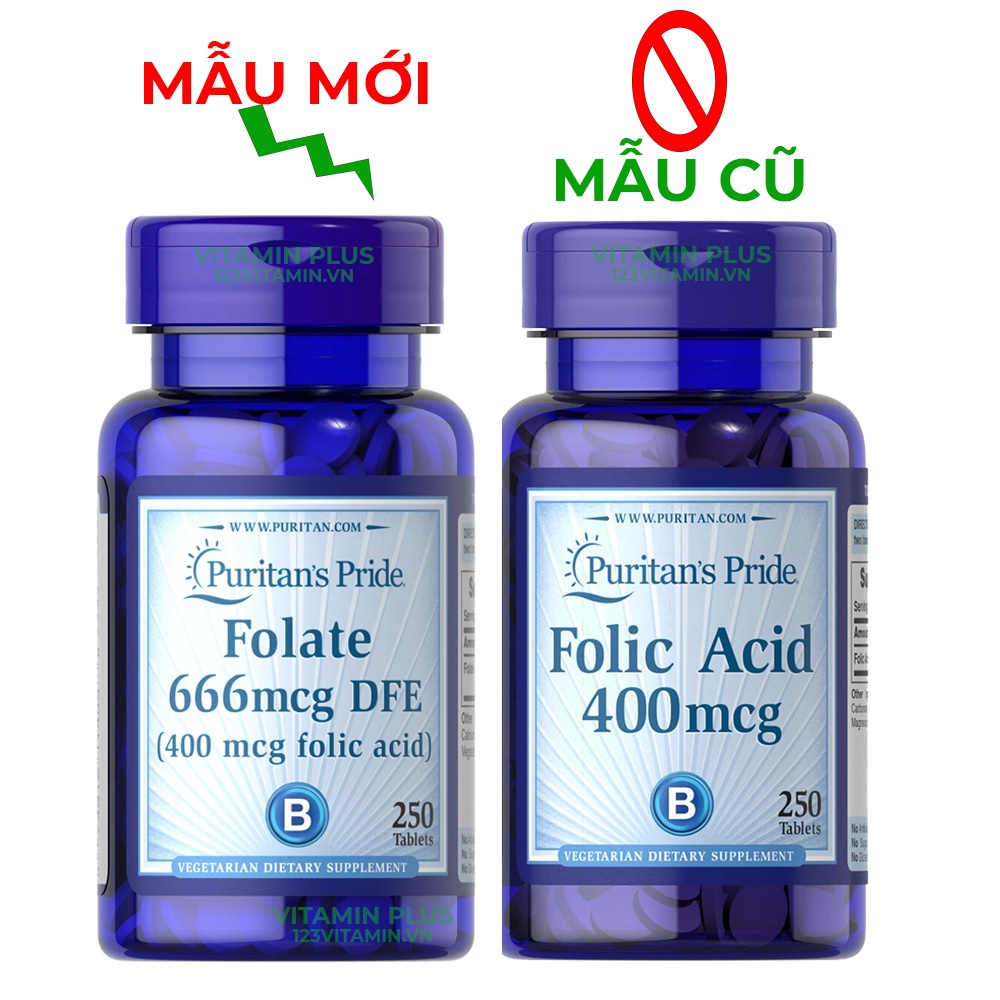 Viên uống Ngăn Ngừa Thiếu Máu Bổ Sung Folic Acid 400 mcg Puritan’s Pride Folate 666 mcg DFE 250Viên (mẫu mới)