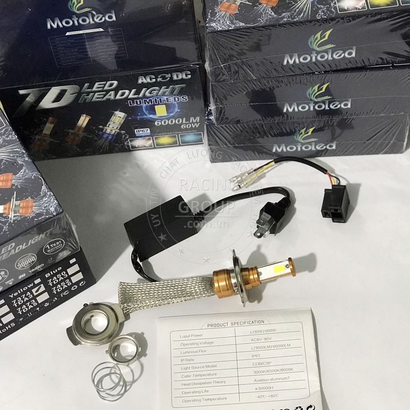 Đèn pha led xe máy Motoled 2in1 chân T19 H4 có râu tản nhiệt 6000 lumen siêu sáng