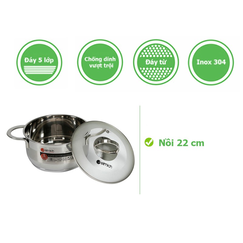 Nồi Inox celestine Elmich inox 304 5 đáy EL-5275 / EL-5276 / EL-5277 / EL-5278 /18-20-22-24cm