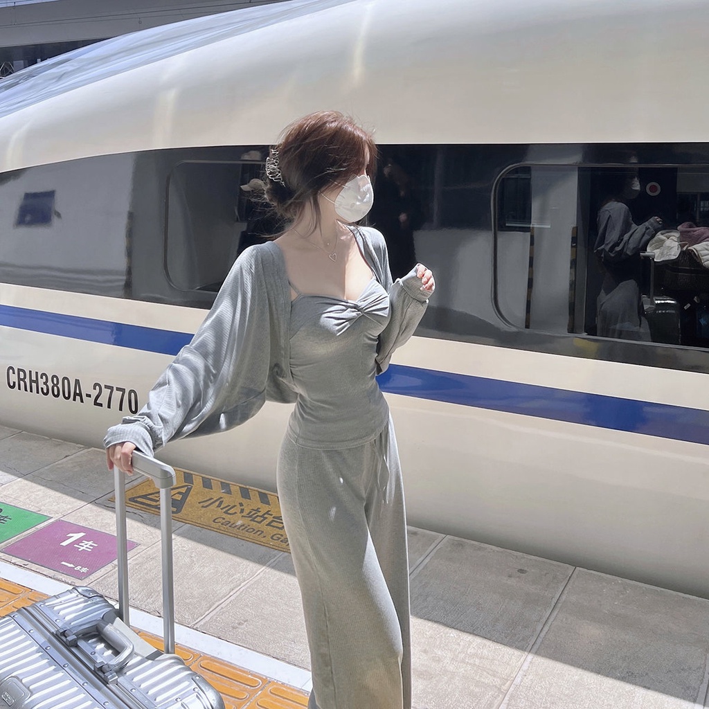 One Set Áo Hai Dây + Áo Khoác Cardigan + Quần Dài Chống Nắng Thời Trang Cho Nữ