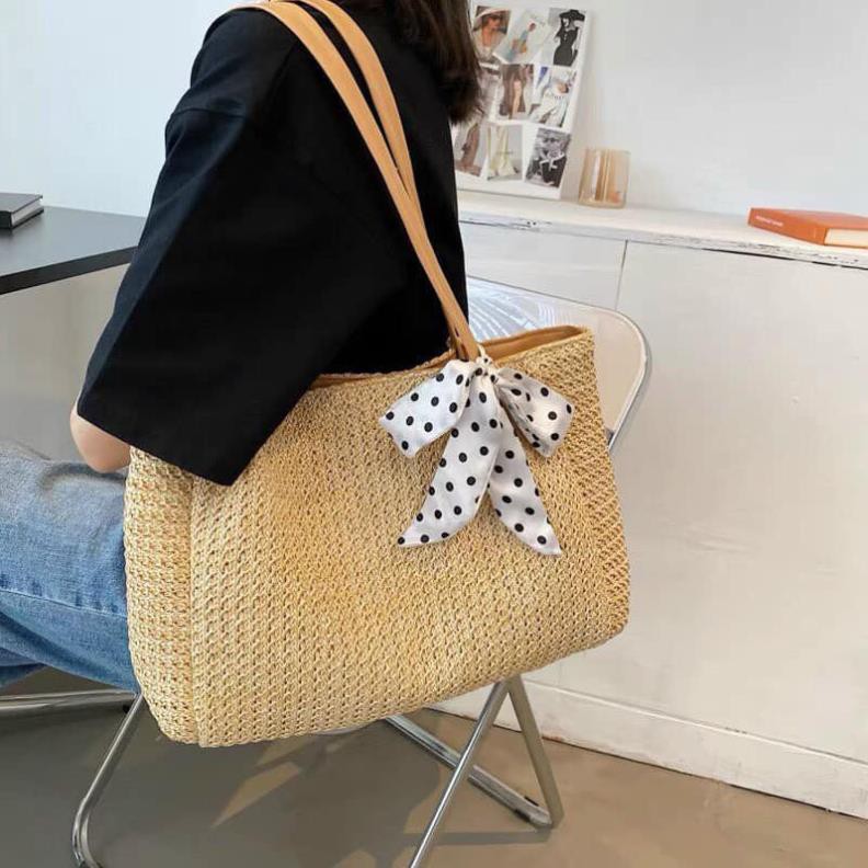 Túi cói đi biển xách tay nữ chữ nhật nơ lụa chấm bi size to Hàn Quốc siêu xinh đi chơi du lịch HB32