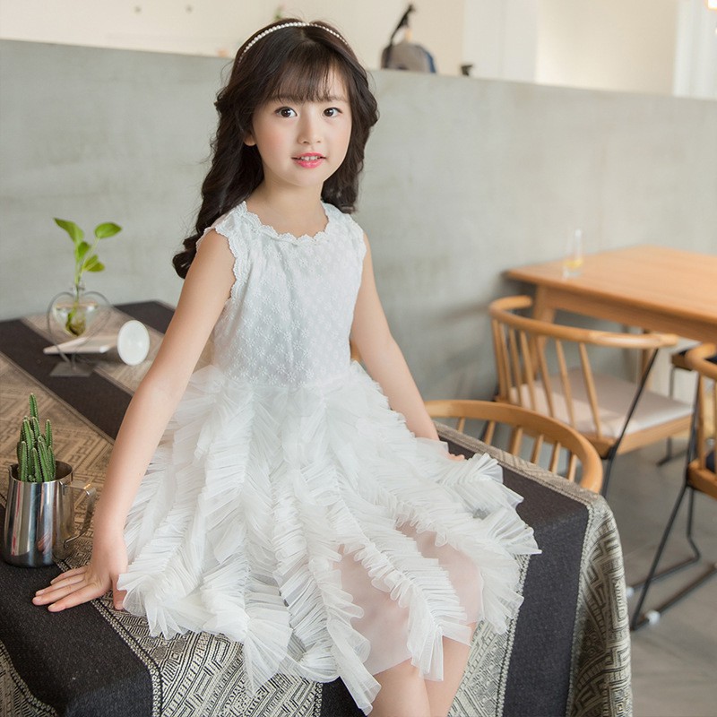 Đầm xòe hai dây phối ren dễ thương cho bé gái
