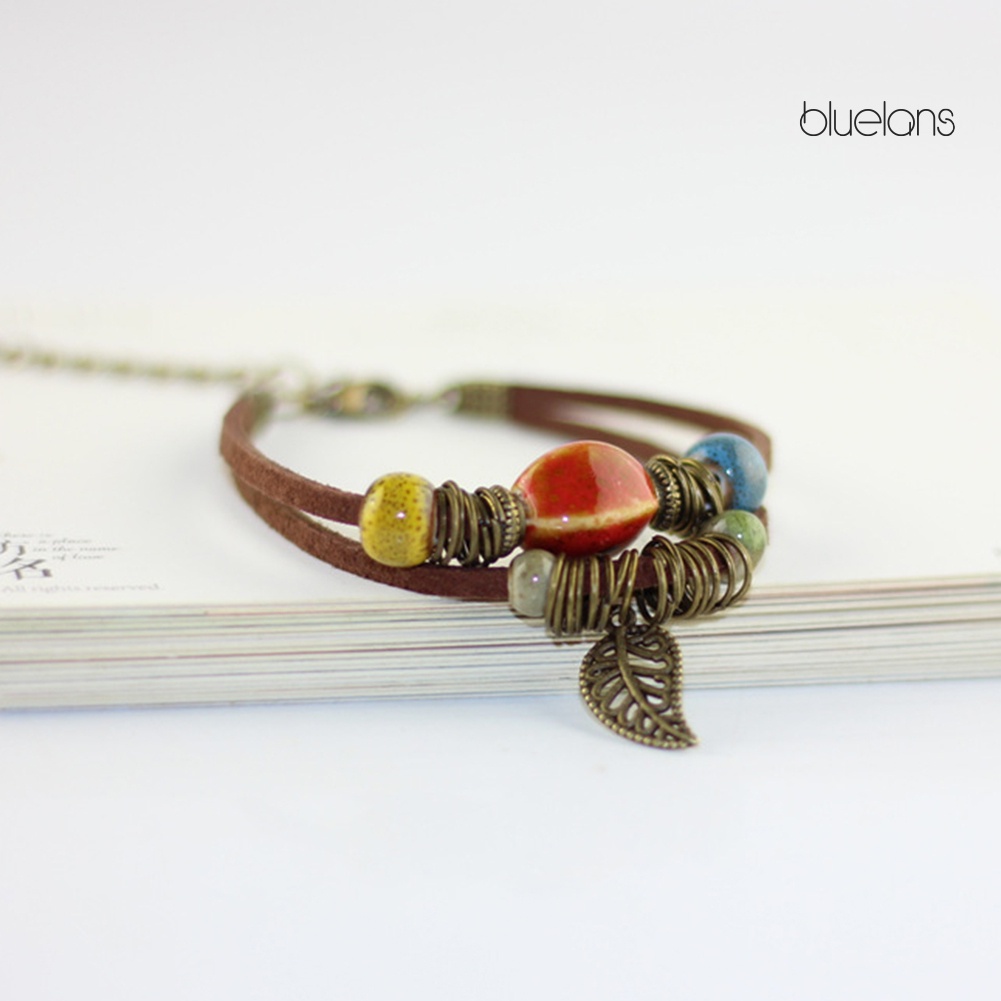 Vòng Tay Da Hai Lớp Đính Hạt Gốm Và Lá Phong Cách Bohemian