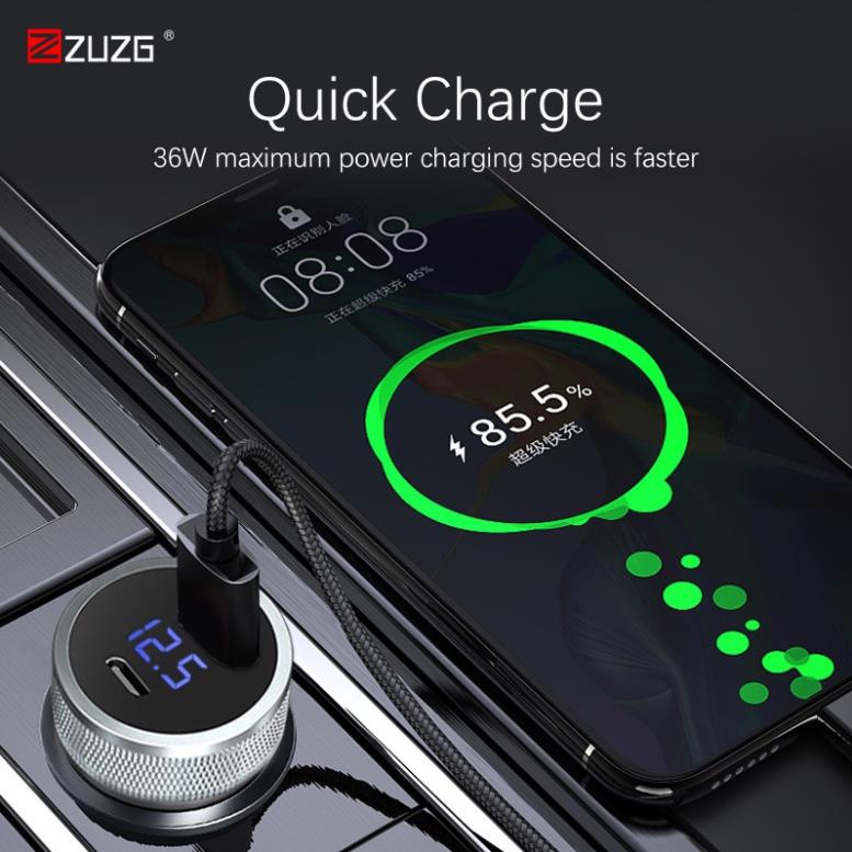 [HOT] Tẩu sạc ô tô sạc nhanh 36W tự điều chỉnh dòng điện 2 cổng USB và type c chính hãng ZUZG C13PD