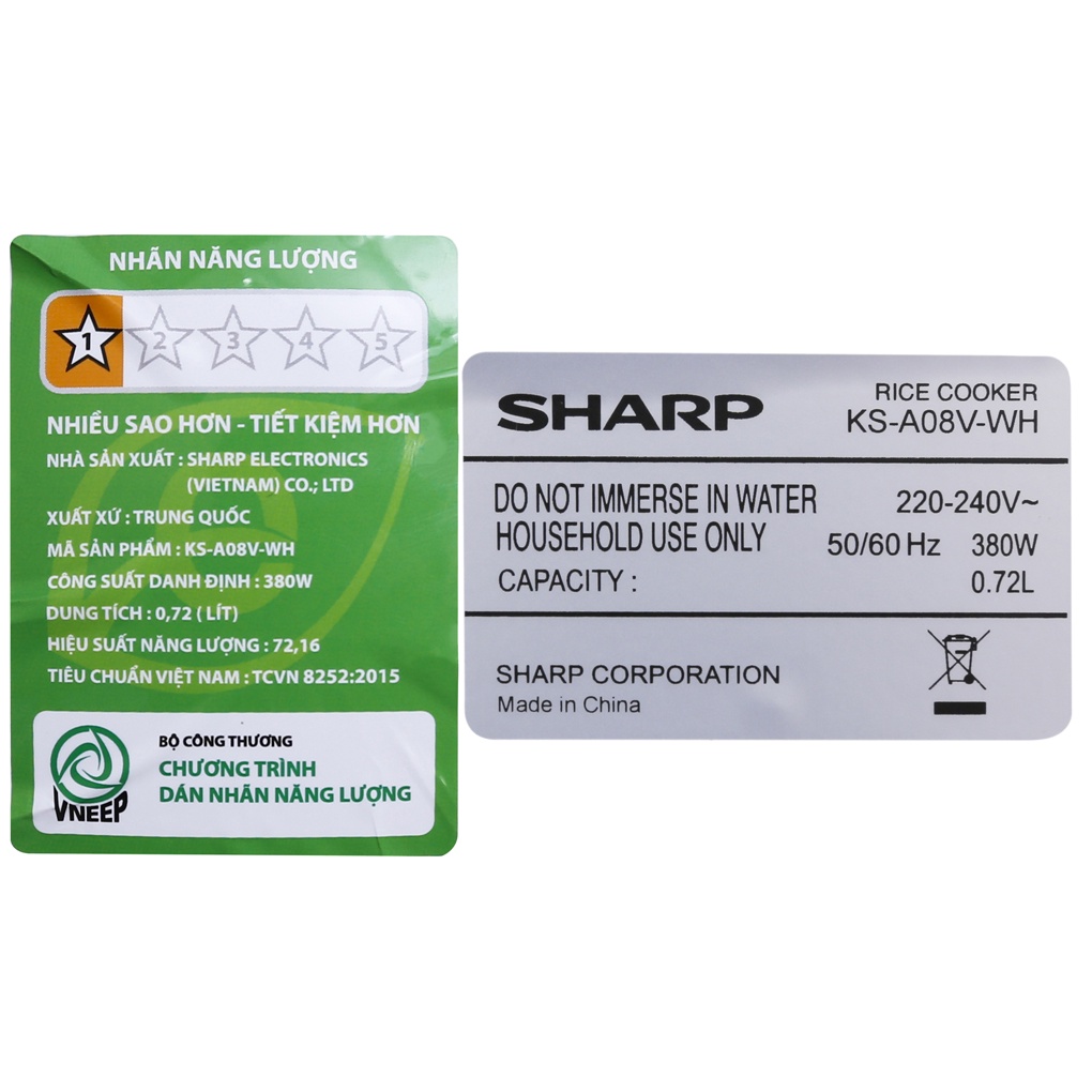 Nồi cơm điện nắp gài Sharp KS-A08V-WH Trắng 0.72 lít  380 W lòng nồi chống dính - Chính hãng BH 12 tháng