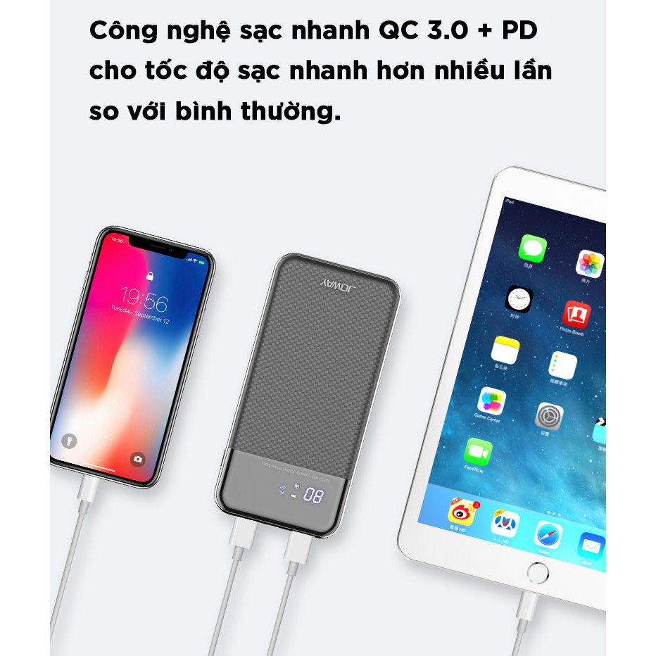 [Mã SKAMSALE03 giảm 10% đơn 200k] Pin Dự Phòng Có Sạc Nhanh QC 3.0 Rẻ Số 1, Vỏ Nhựa Cực Nhẹ Joway JP156 Màu Đen