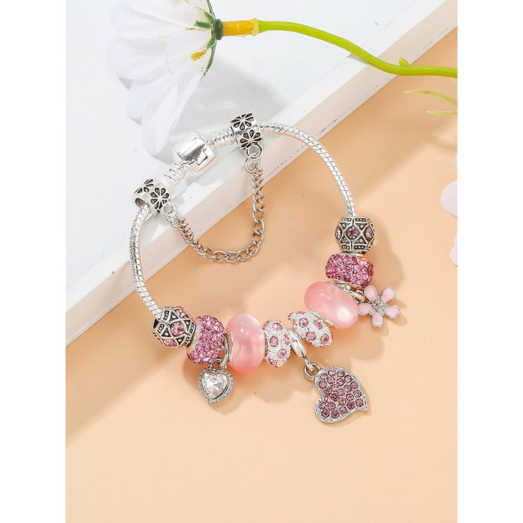 Vòng Tay Chuỗi Hạt Pha Lê Tròn Đính Trái Tim Màu Hồng Thời Trang Cho Nữ