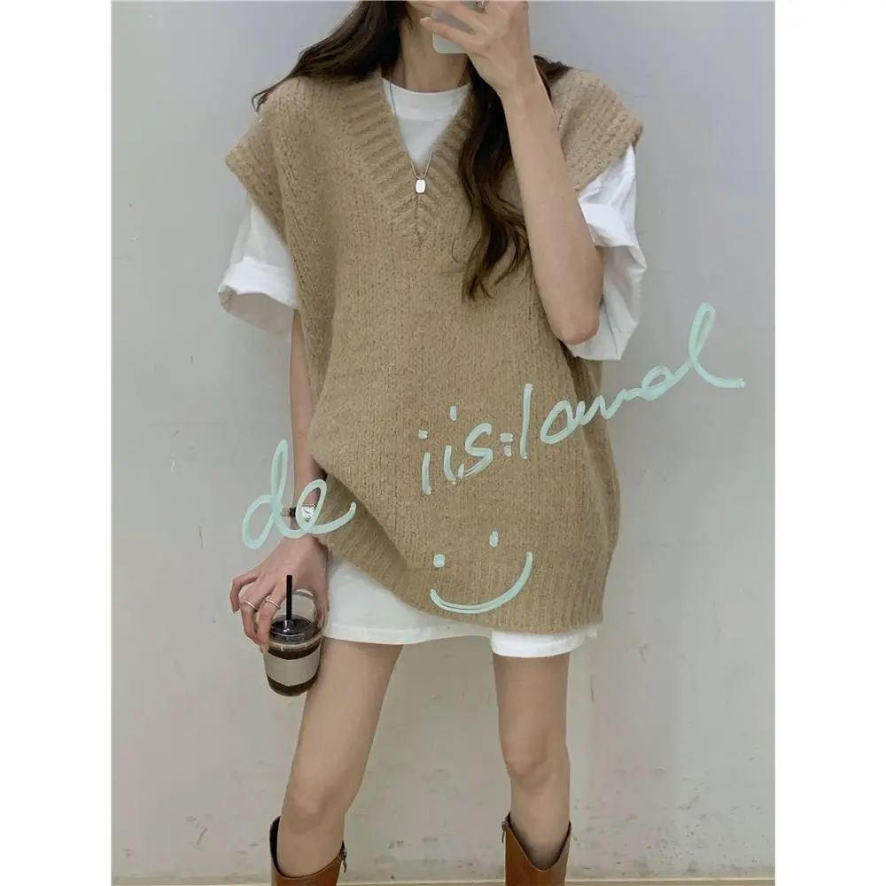 Bộ Áo Dệt Kim Ngắn Tay + Áo Khoác Dệt Kim Không Tay Thiết Kế Mới Thời Trang Theo