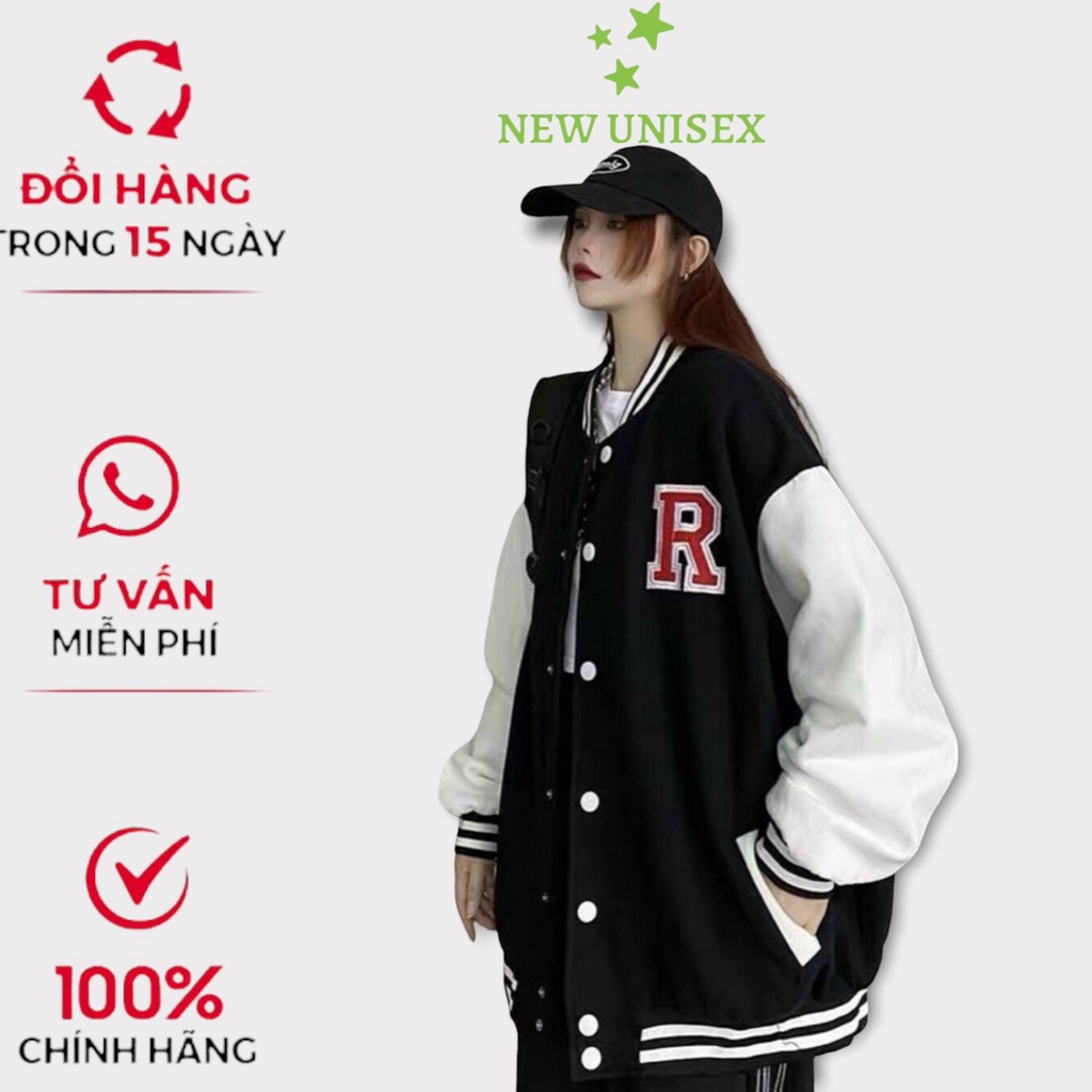 Áo Khoác Bomber Nam Nữ Chất Vải Nỉ Cúc Bấm Thêu Nổi Chữ R Hot Trend