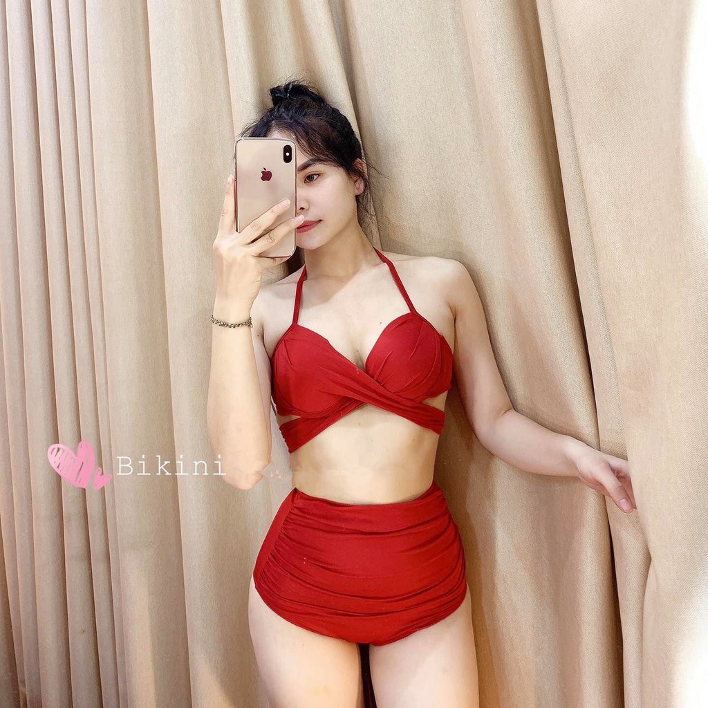 Bikini áo gọng đệm siêu nâng đẩy ngực buộc vạt chéo quần cạp cao che bụng