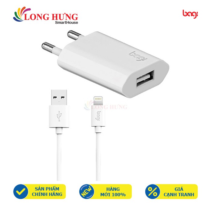 Cốc sạc Bagi 1A 1USB + Cáp Lightning 1m CB-I51Z - Hàng chính hãng