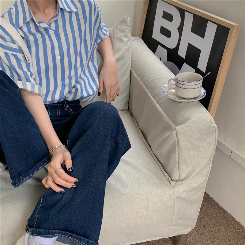 Áo Sơ Mi Tay Lửng Dáng Rộng Họa Tiết Kẻ Sọc Màu Xanh Lá Thời Trang Xuân Hè Hàn Quốc 2021