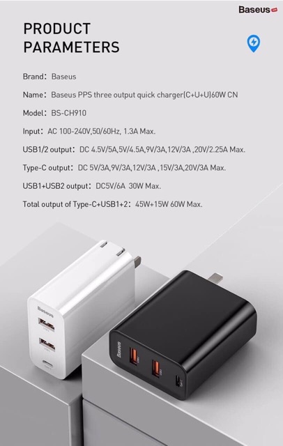 Củ sạc siêu nhanh Baseus công xuất 60W Sạc Nhanh Quick Charge 4.0  3.0  2 cổng USB Đa Năng Sạc Cho iPhone Xiaomi Samsung