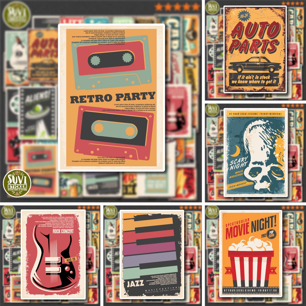 50 Sticker Vintage chống nước sticker dán mũ bảo hiểm, laptop, điện thoại, đàn guitar, vali. MSP: NS29