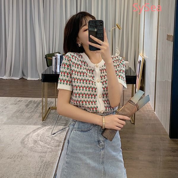 Áo Croptop Dệt Kim Tay Ngắn Mùa Hè Phối Khuy Ngọc Trai Thời Trang Dịu Dàng Cho Nữ