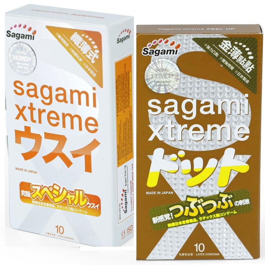 Bộ Bao cao su Sagami Siêu mỏng Super Thin và Sagami Gân gai Feel Up - mỗi hộp 10 chiếc