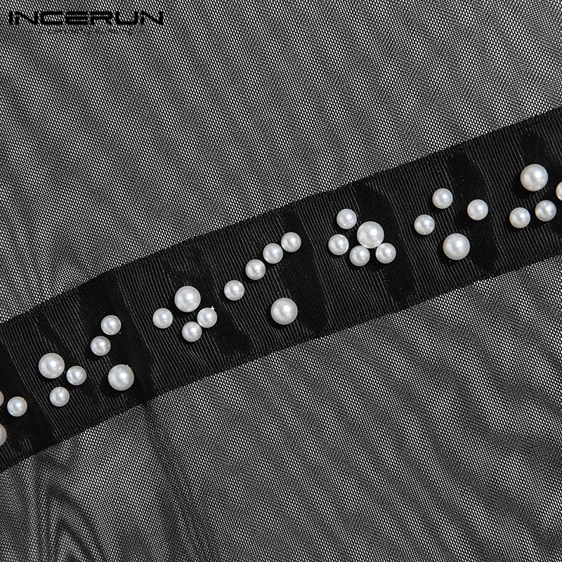 Áo thun INCERUN ngắn tay dáng rộng phối lưới xuyên thấu đính ngọc trai nhân tạo dễ thương cho nam