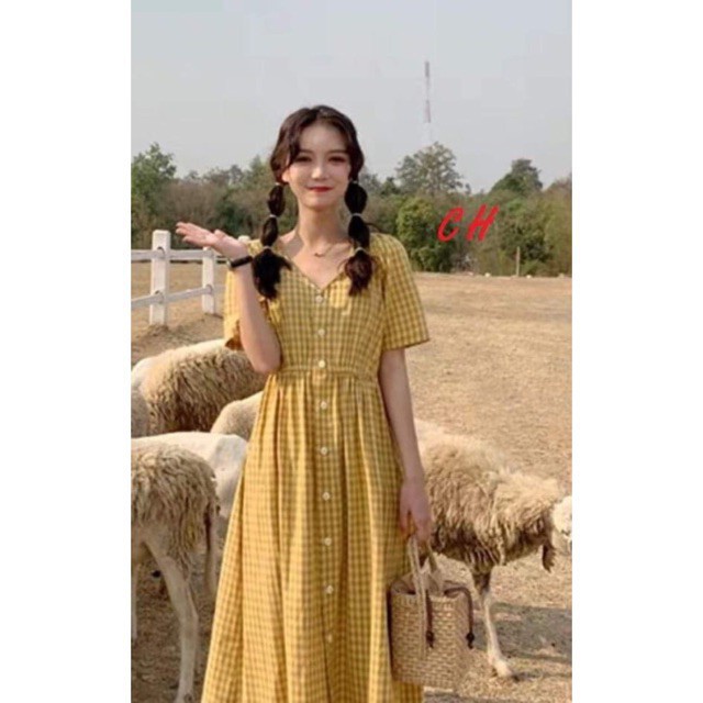 Váy kẻ ô cúc dọc thân chun eo C.OD336 ...