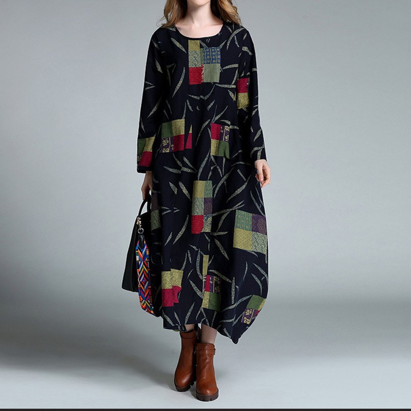 FREESHIP ĐƠN 99K_ Đầm maxi tay dài in họa tiết thời trang cho nữ