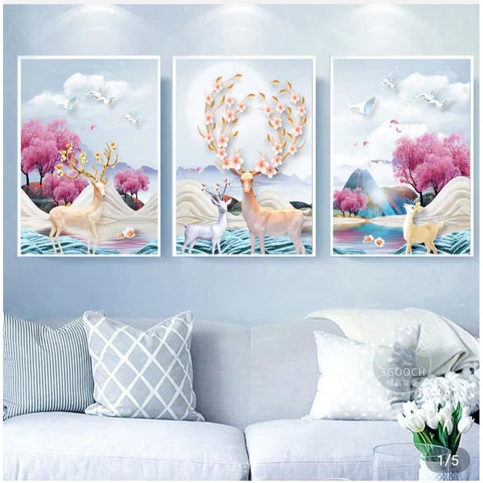 Tranh thêu chữ thập hươu tài lộc bộ 3 bức thêu kín