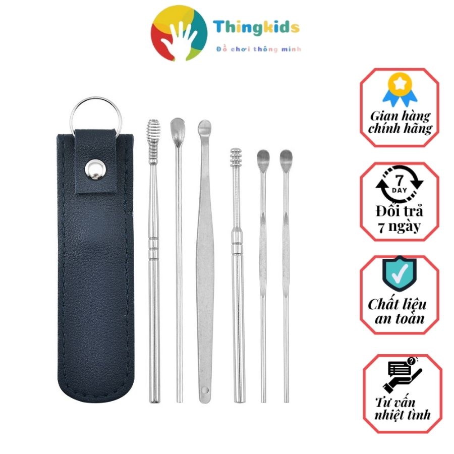 Dụng cụ lấy ráy tai, ngoáy tai 6 chi tiết tặng kèm túi da làm móc chìa khóa tiện lợi - Thingkids