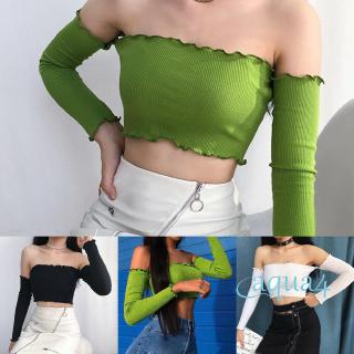 Áo thun croptop trễ vai tay dài cho nữ