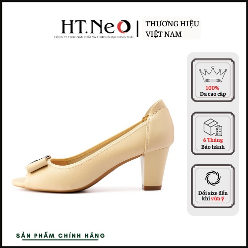 Giày cao gót - Giày công sở nữ HT.NEO mũi hở gót trụ cao 5cm, quai da đính khuy cực xinh CS139