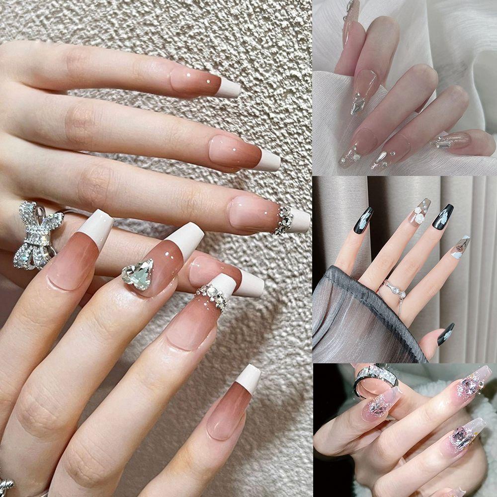 JUNE Bộ 24 Móng Tay Giả Màu Đen Họa Tiết Trái Tim Gợn Sóng