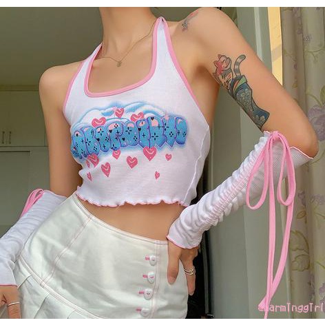 Áo Croptop Không Tay In Chữ Phối Dây Rút Ngọt Ngào Cho Nữ | BigBuy360 - bigbuy360.vn