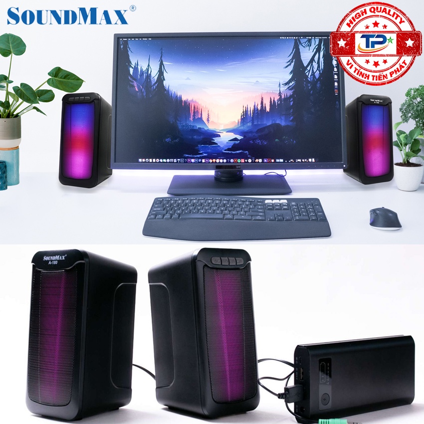 Loa Máy Vi Tính Soundmax A-180 / A180 2.0 kết nối Bluetooth và Jack 3.5 tích hợp đèn Led RGB nguồn USB 5V