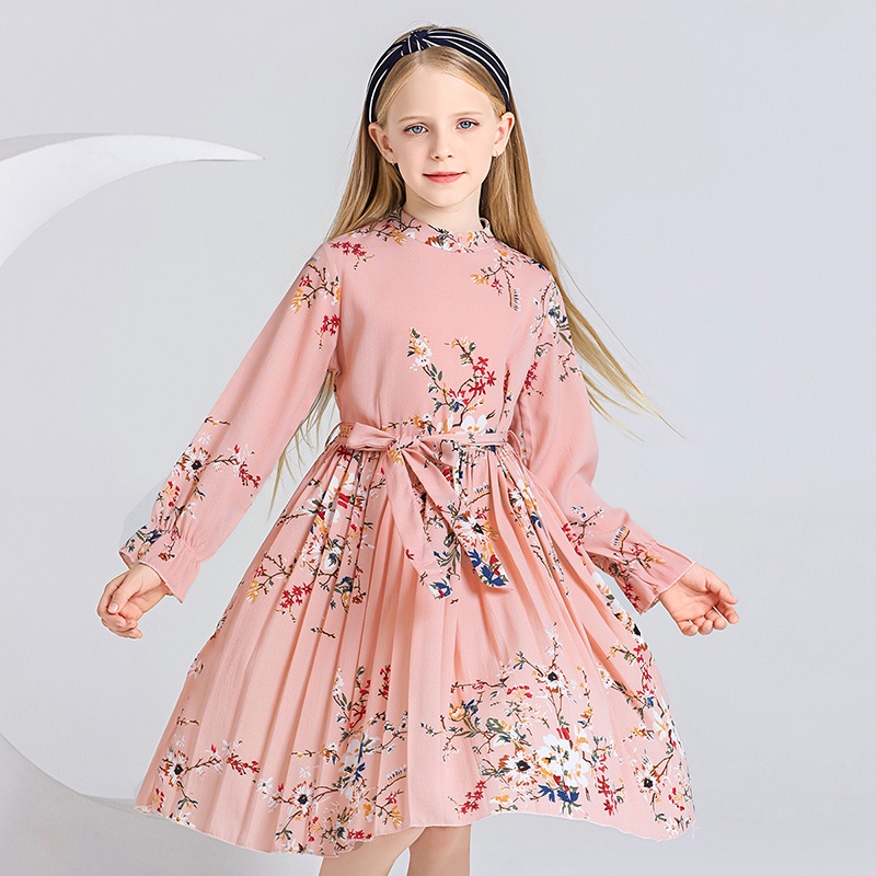 Đầm SIYYIS chiffon tay dài xếp ly có khóa kéo phía sau và dây thắt lưng in họa tiết hoa xinh xắn cho bé gái 5-12 tuổi