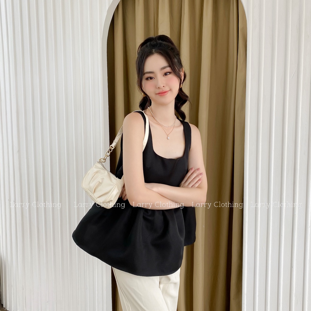 Áo thiết kế nữ 2 dây tapta cổ vuông dáng babydoll 2 màu đen trắng dễ phối thời trang thiết kế Larry Clothing A566