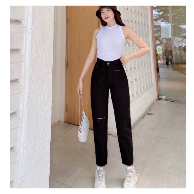 (Size 55kg-88kg) Quần Baggy Jean Đen Rách Gối Cá Tính Phối Đủ Kiểu Áo Cạp Cao Che Bụng Bự