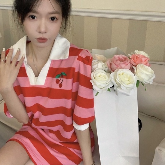 Áo thun polo dệt kim ZHELIHANGFEI dáng rộng họa tiết kẻ sọc trẻ trung sáng tạo