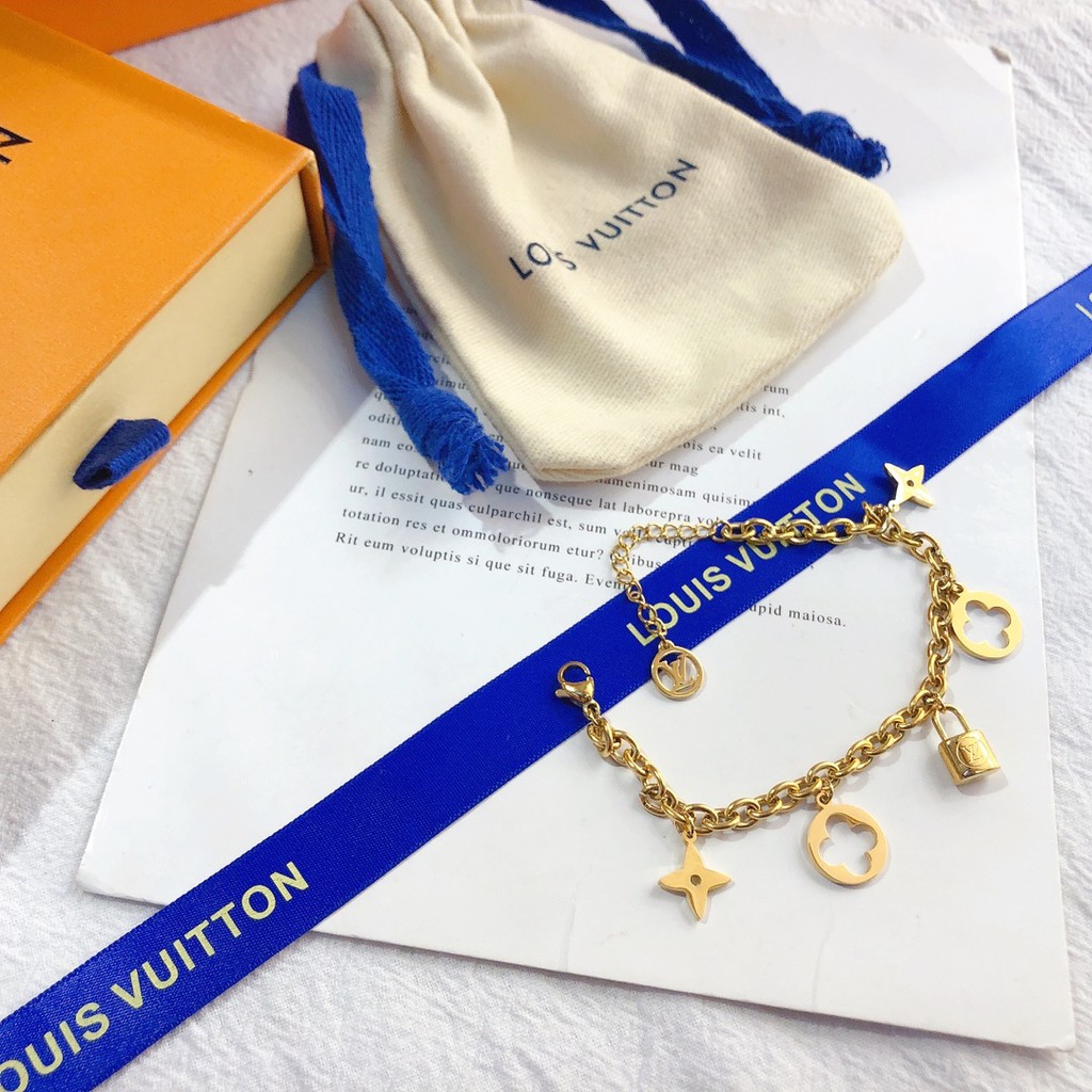 Vòng tay chuỗi xích mặt hình ổ khóa/cỏ 4 lá/logo LV thời trang cho nữ