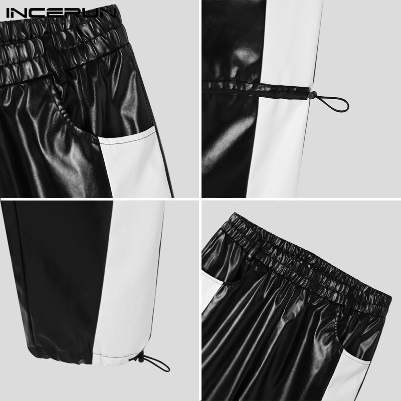 Quần INCERUN dạng dài bằng da màu sắc tương phản phong cách phương tây thời trang cho nam