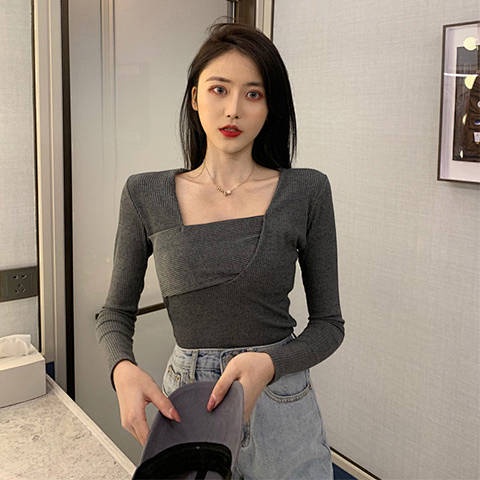 Áo Thun Tay Dài Cổ Vuông Form Ôm Màu Xám Phong Cách Retro Hong Kong Mới 2019 Cho Nữ | BigBuy360 - bigbuy360.vn