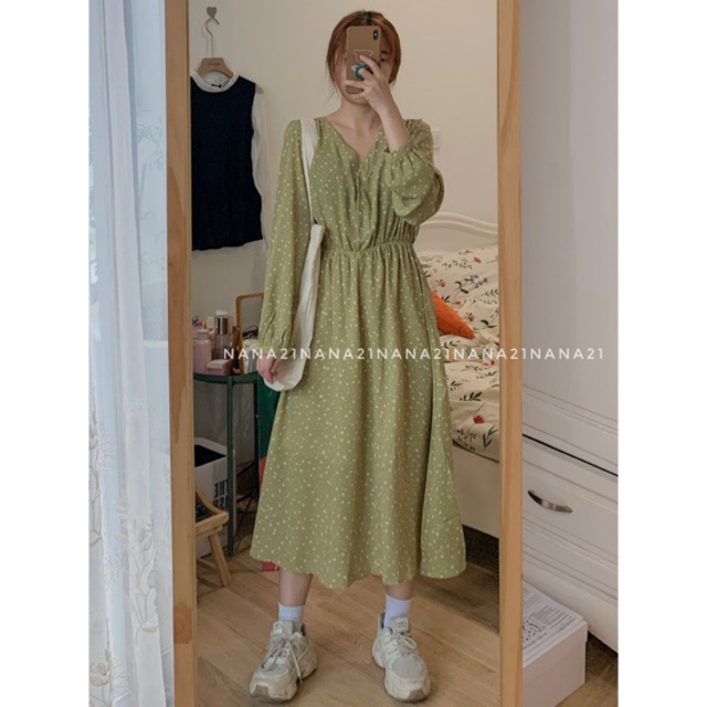 Váy hoa nhí dáng dài cổ tim