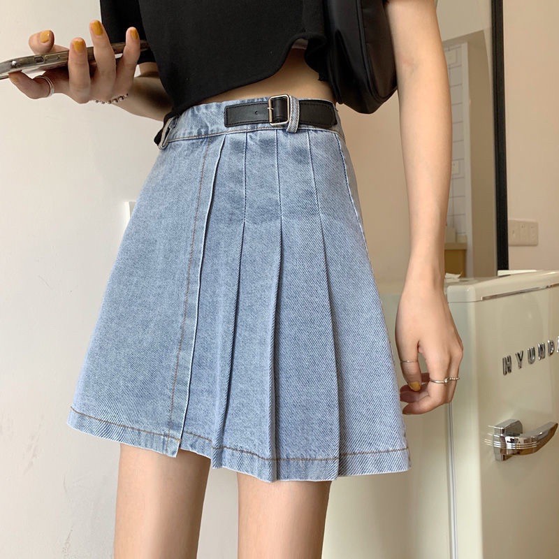 Chân váy jean bò xếp ly ulzzang kèm đai có bigsize kèm ảnh thật