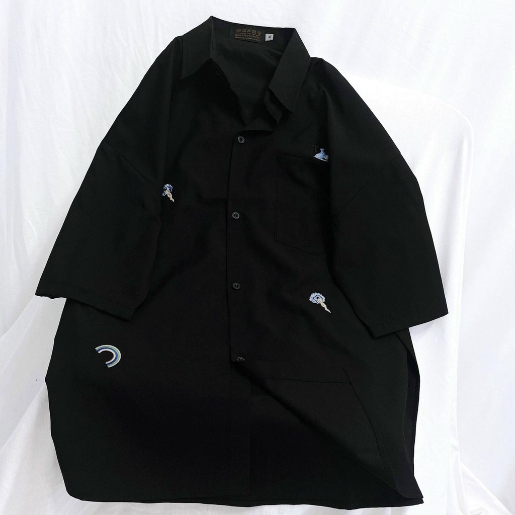 Áo sơ mi tay lỡ GIN STORE thêu hình họa tiết vải voan form unisex oversize- Gin Store
