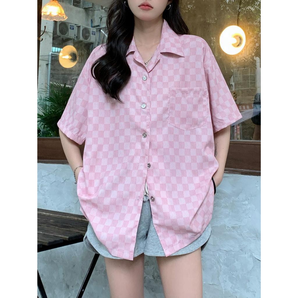 「 WELOVE1 」Áo Sơ Mi Tay Ngắn Dáng Rộng Họa Tiết Kẻ Ô Nhiều Màu Sắc Retro Thời Trang Mùa Hè Cho Nữ