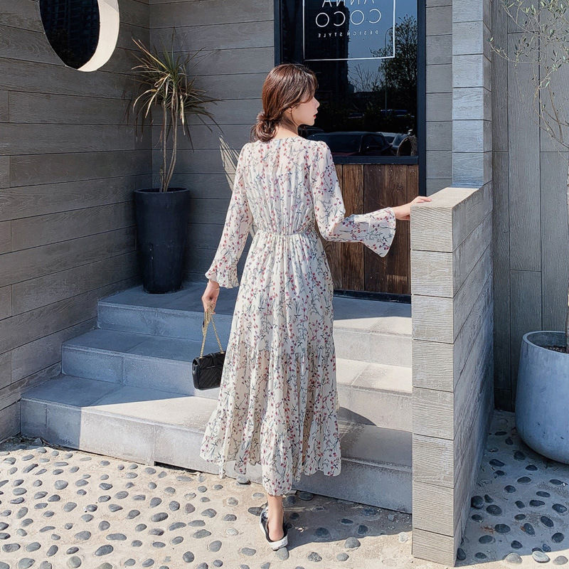 Đầm Dài Qua Gối Tay Cánh Bướm Vải Chiffon Phong Cách Hàn Quốc