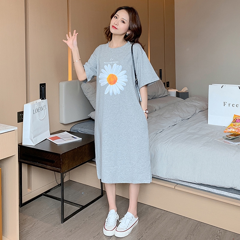 Đầm Thun Cotton Dài Đến Đầu Gối Thêu Hoạ Tiết Đơn Giản Trẻ Trung Dành Cho Mẹ Bầu