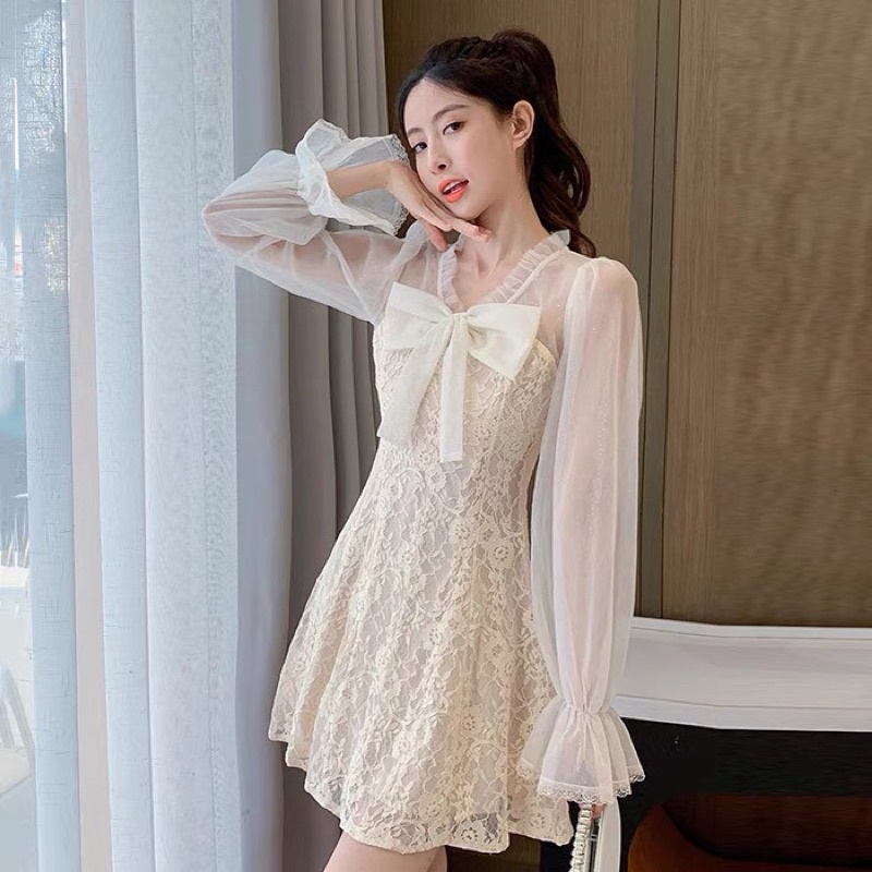 Váy ulzzang ren lưới kiểu tiểu thư tay loe/Đầm xoè công chúa dự tiệc bánh bèo điệu vintage đi tiệc