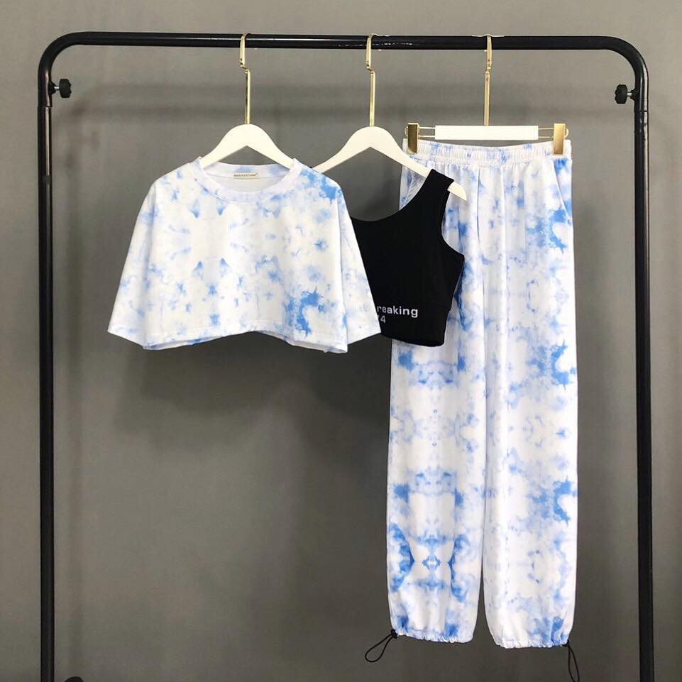 UNISEX - SET CROPTOP ULZZANG LOANG MÀU + BRA + QUẦN ỐNG RỘNG LOANG MÀU CỰC CHẤT - SET LOANG MÀU TIE DYE