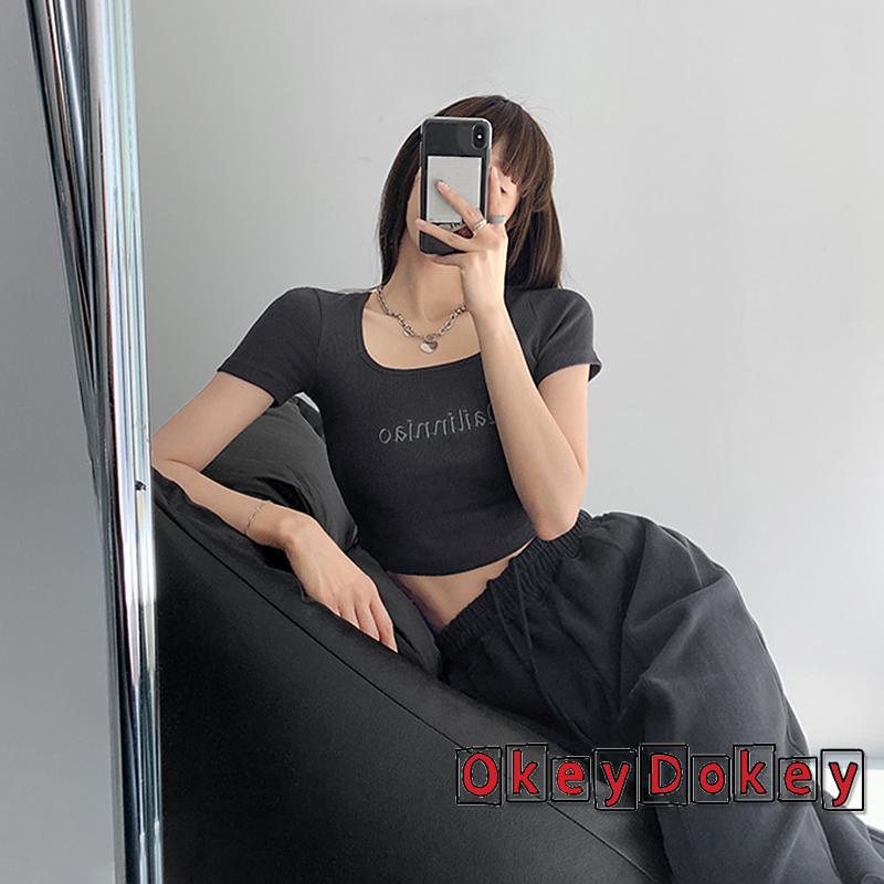 Áo Croptop Dệt Kim Tay Ngắn Cổ Vuông Thêu Chữ Thời Trang Mùa Hè Cho Nữ