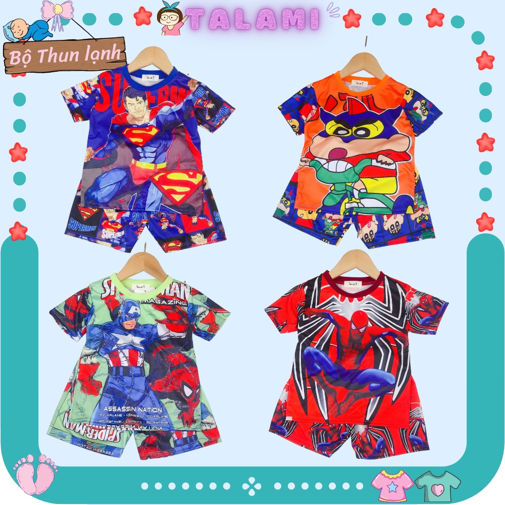 Đồ bộ quần áo cộc tay thun lạnh in toàn thân hình 3D siêu nhân, khủng long cho bé trai từ 7-20kg