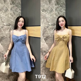 Đầm gấm tapta 2 dây mùa hè đi biển phối nơ dáng xoè T912